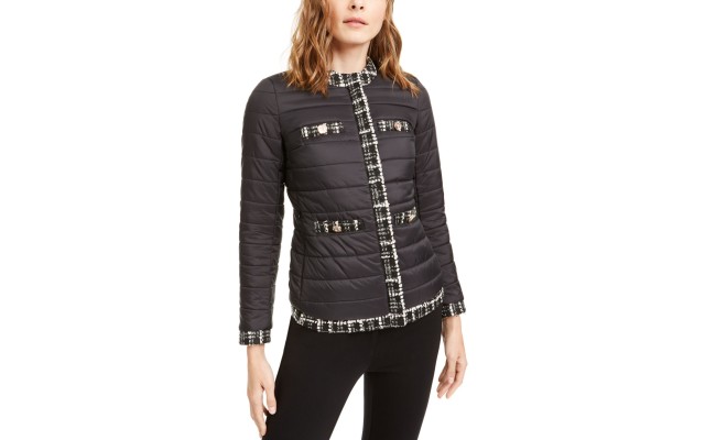  Womens Black Quilted Tweed Trim Puffer Jacket Coat (Black, X-Small)