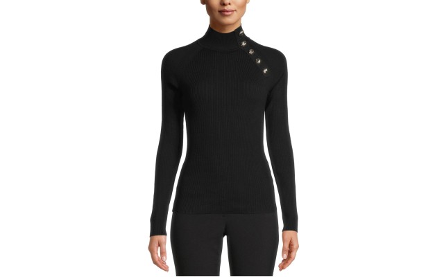  Women's Button-Detail Ribbed Pullover Sweater, Black, Large