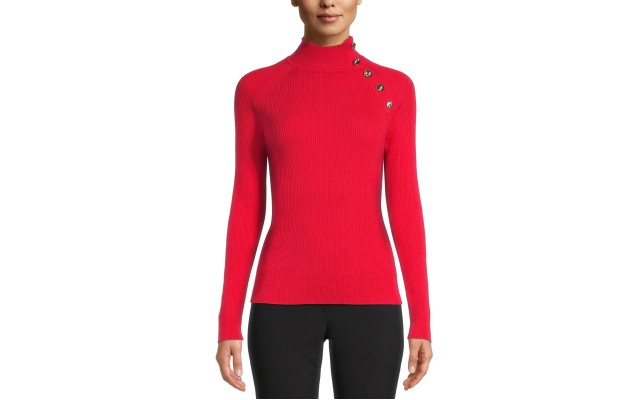  Women's Button-Detail Ribbed Pullover Sweater, Red, X-Small