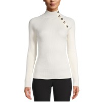 Anne Klein Women's Button-Detail Ribbed Pullover Sweater, White, XX-Small