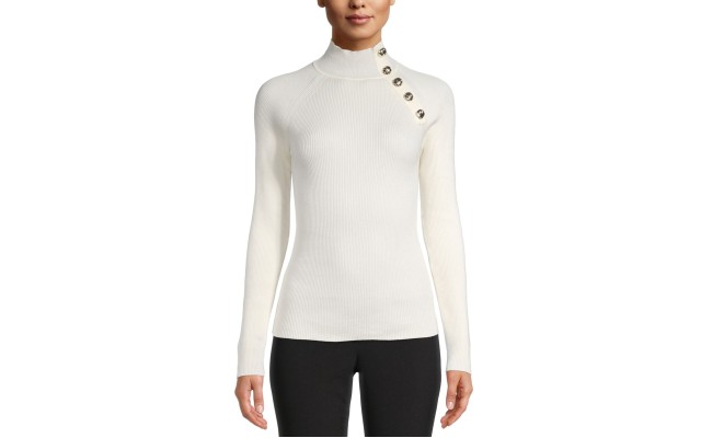  Women's Button-Detail Ribbed Pullover Sweater, White, XX-Small