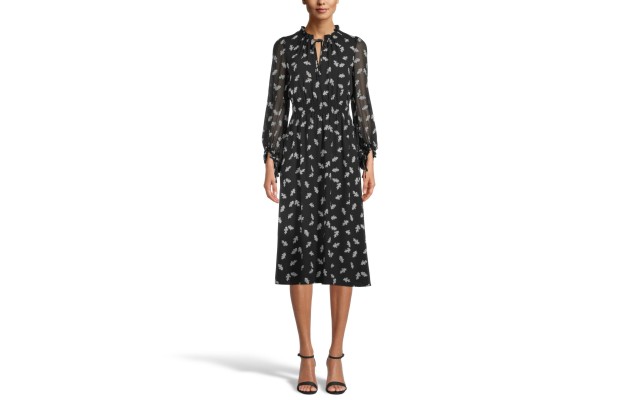  Women”s Floating Leaves Smocked Dress (Black, Large)