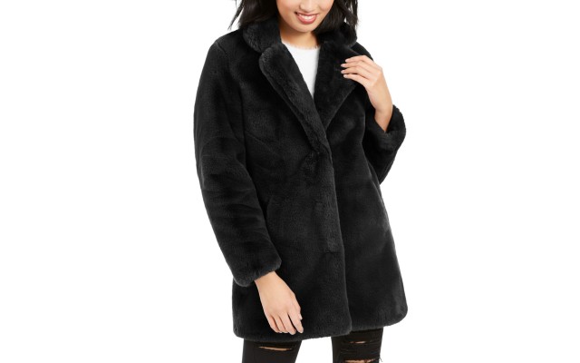  Womens Eloise Faux Fur Notch Collar Coats, Black, X-Large