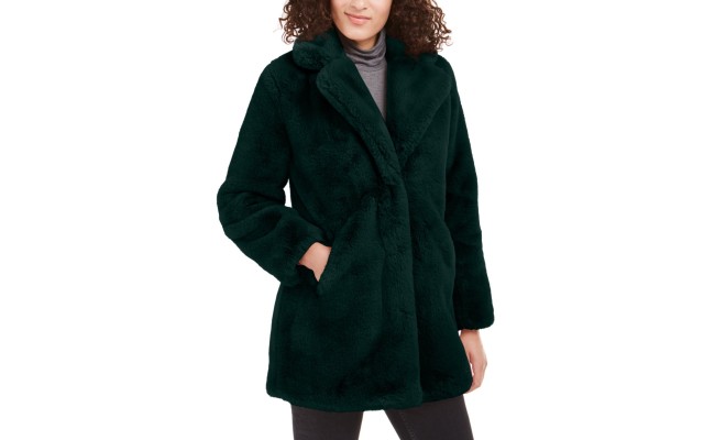  Womens Eloise Faux Fur Notch Collar Coats, Emerald, Large
