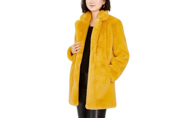  Womens Eloise Faux Fur Notch Collar Coats, Yellow, Large