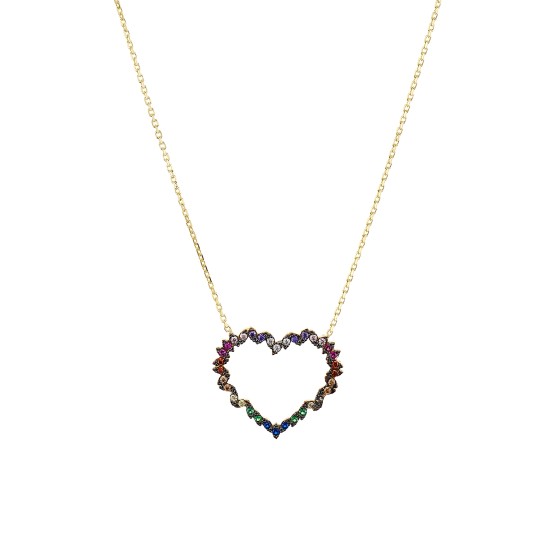  Heart Rainbow Pendant Necklace In Gold-plated Sterling Silver 16″