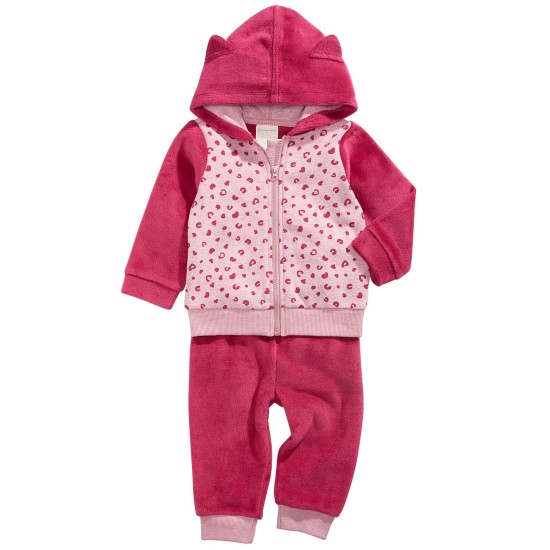 Baby Girls 2-Pc. Leopard-Print Minky Hoodie & Pants Set (Pink, 24M)