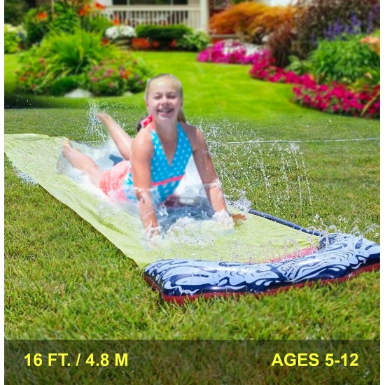 Backyard Double Water Slide Summer Fun Toy, Long Water Slip & Slide Outdoor Water Toys for Kids & Adults, Single Water Slide 16ft