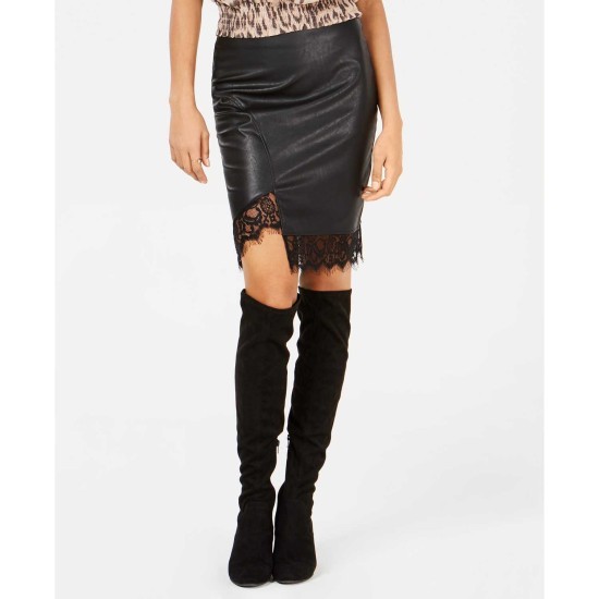  Faux-leather Lace Trim Asymetrical Skirt (Black, XS)