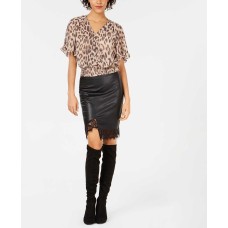 Bar III Faux-leather Lace Trim Asymetrical Skirt (Black, XS)