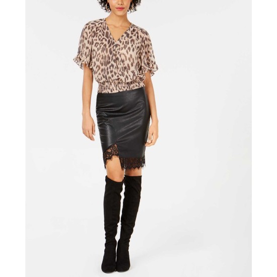  Faux-leather Lace Trim Asymetrical Skirt (Black, XS)