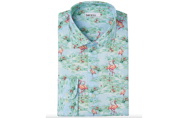  Men’s Slim-Fit Performance Stretch Flamingo-Print Dress Shirt (Medium, 15-15.5)