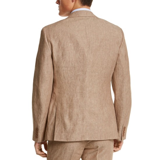  Men’s Slim-Fit Pinstripe Linen Suit Jacket (Beige, 38)