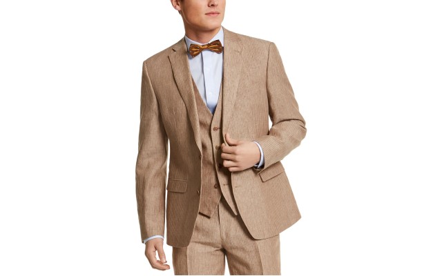  Men’s Slim-Fit Tan Pinstripe Linen Suit Jacket (Beige, 40 R)