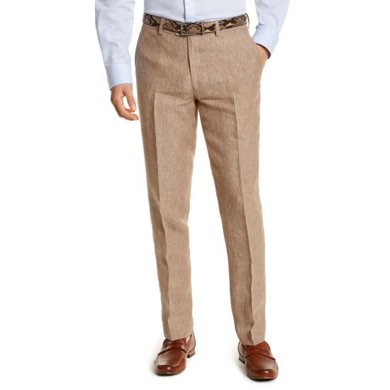  Men’s Slim-Fit Tan Pinstripe Linen Suit Separate Pants (Beige 32×32)