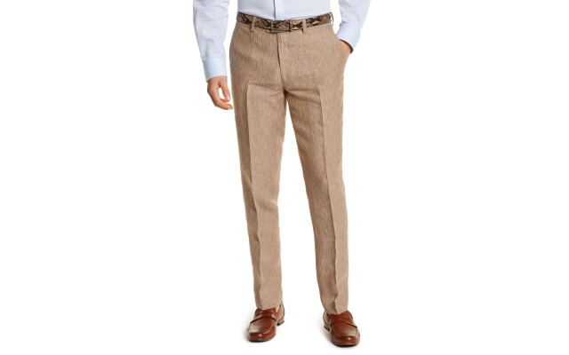 Men’s Slim-Fit Tan Pinstripe Linen Suit Separate Pants (Beige 32×32)