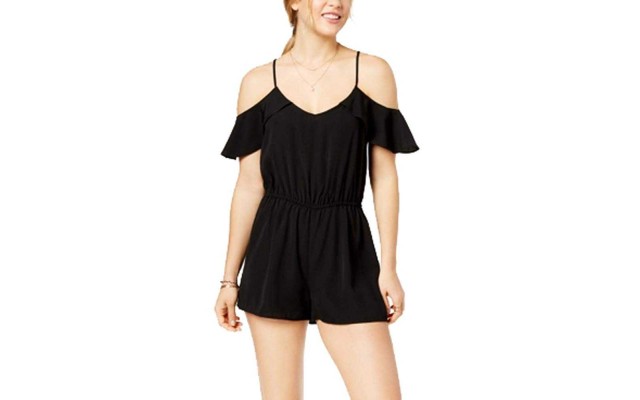 Be Bop Juniors’ Flutter-Sleeved Cold-Shoulder Romper (Black, XL)