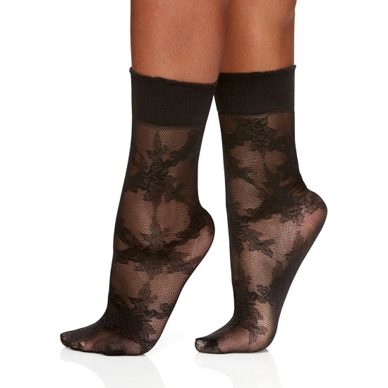  Women’s Rose Floral Anklet Socks (Black, 6-9)