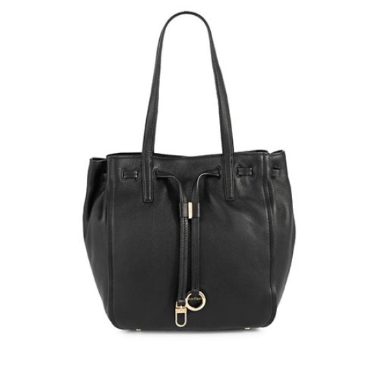  Drawcord Ring-Tab Pebble Leather Tote (Black, Large)