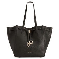 Calvin Klein Drawcord Ring-Tab Pebble Leather Tote (Black, Large)