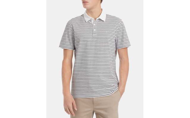  Men’s Regular-Fit Feeder Stripe Polo Shirt (Black/White, L)