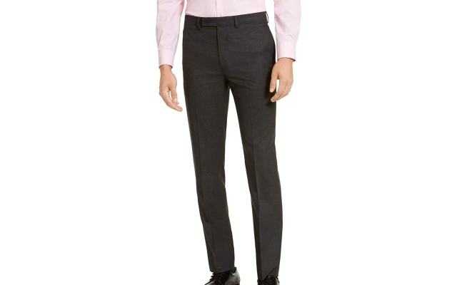  Men’s Slim-Fit Stretch Mini-Grid Dress Pants (Gray,34×30)