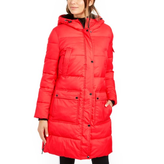  Oversized Hooded Puffer Coat (Red, M)