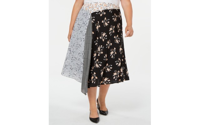 Plus Size Mixed-Print Asymmetrical Midi Skirt, Black Multi, 14W