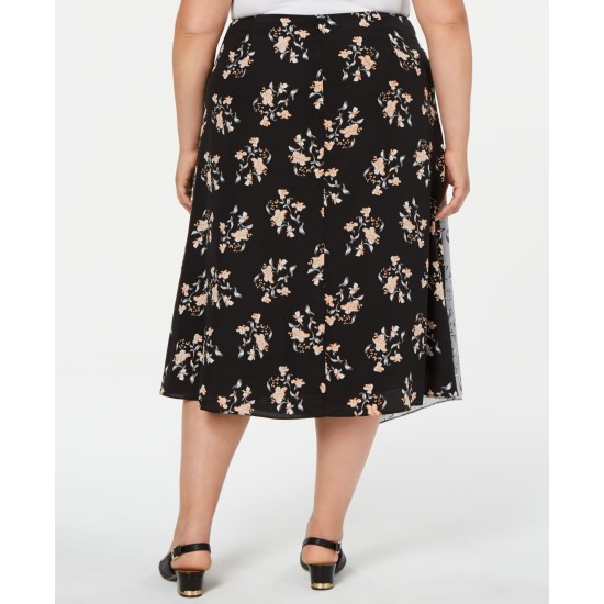 Plus Size Mixed-Print Asymmetrical Midi Skirt, Black Multi, 18W