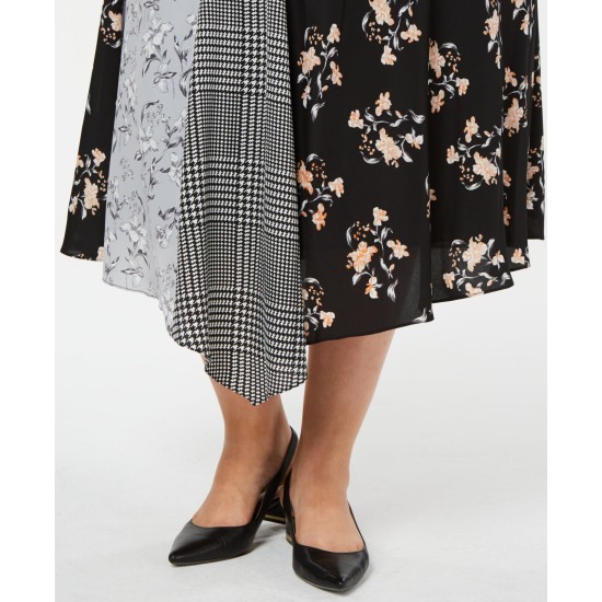  Plus Size Mixed-Print Asymmetrical Midi Skirt, Black Multi, 20W
