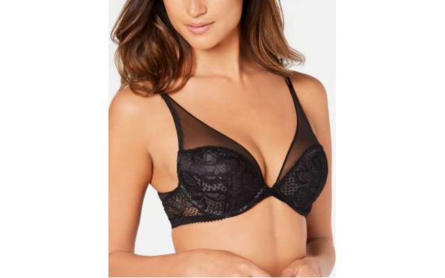  Spotted Floral Lace Plunge Push-Up Bra (Black, 32 B)