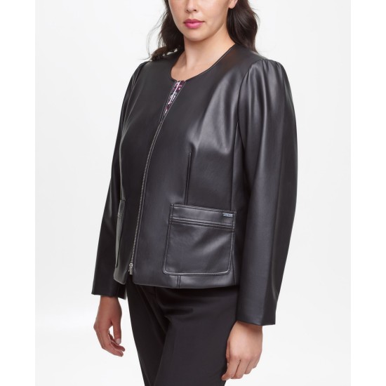  Women’s Plus Size Faux-Leather Zip Jacket (Black, 14W)