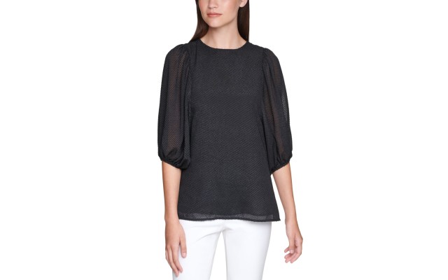  Women's Plus Size Textured Balloon-Sleeve Top, Black, 3X