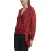  Women’s Printed Long Sleeve Faux Wrap Blouse (Red, Small)