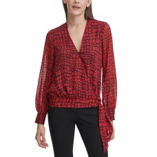 Calvin Klein Women’s Printed Long Sleeve Faux Wrap Blouse (Red, Small)