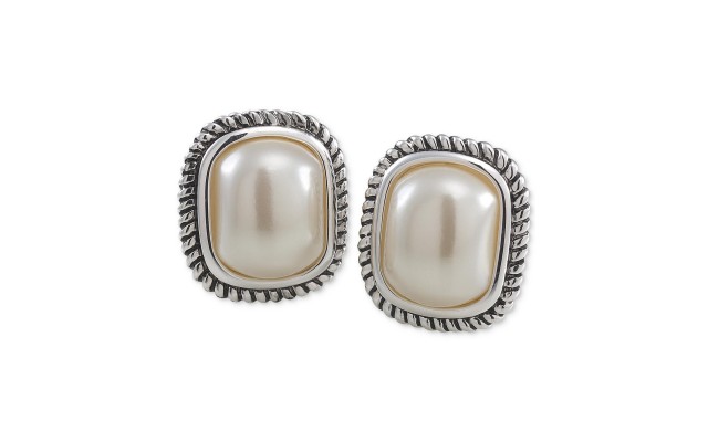  Silver-Tone Large Imitation Pearl Stud Earrings (Natural)