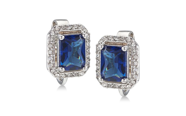  Silver-Tone Pave & Blue Stone Clip-On Stud Earrings