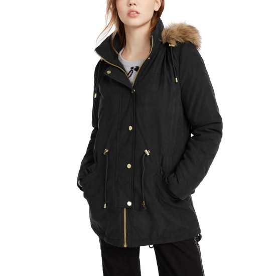  Juniors’ Faux-Fur Trim Hooded Parka Coats, Black, Large