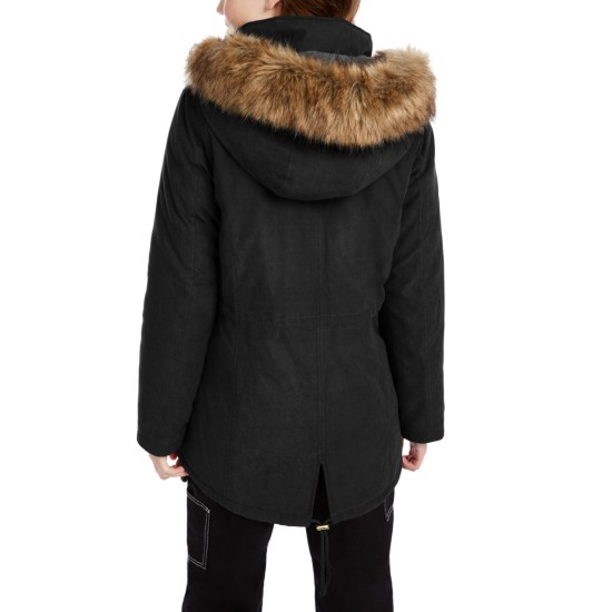 Juniors’ Faux-Fur Trim Hooded Parka Coats, Black, Large