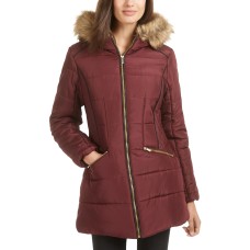 Celebrity Pink Juniors’ Faux-Fur-Trim Hooded Puffer Coat, Red, S