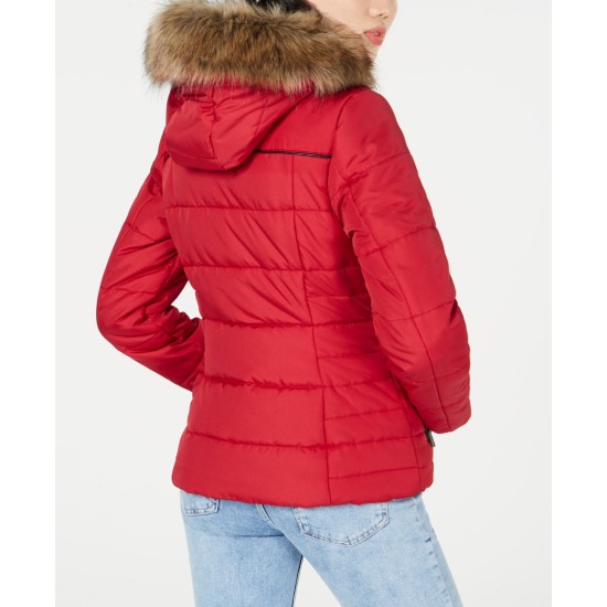  Juniors Puffer Coat with Faux Fur Trim Hood, Red, Medium