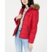  Juniors Puffer Coat with Faux Fur Trim Hood, Red, Medium