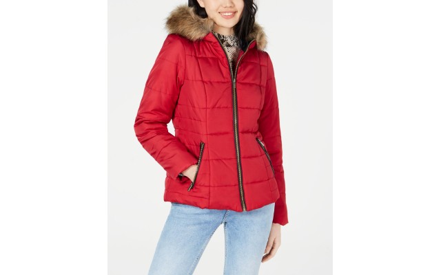  Juniors Puffer Coat with Faux Fur Trim Hood, Red, X-Large
