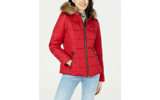  Juniors Teens Puffer Coat with Faux Fur Trim Hood (Red, Large)