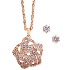 Charter Club 2-Pc. Rose Gold-Tone Set Crystal Baguette Knot Pendant Necklace & C (17+2)