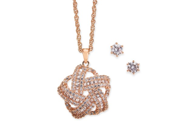  2-Pc. Rose Gold-Tone Set Crystal Baguette Knot Pendant Necklace & C (17+2)