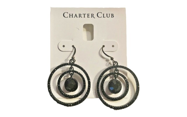  Black Crystal Double Circle Hoop Dangle Earrings (Black)