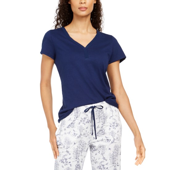  Cotton Knit Pajama T-Shirt, Dark Blue, Large