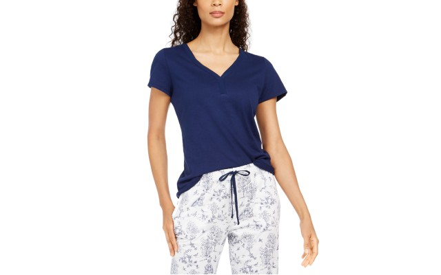  Cotton Knit Pajama T-Shirt, Dark Blue, Large