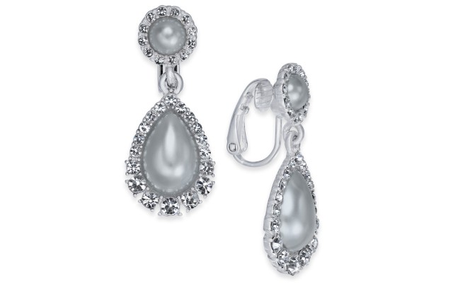  Crystal & Imitation Pearl Clip-On Drop Earrings, Gray
